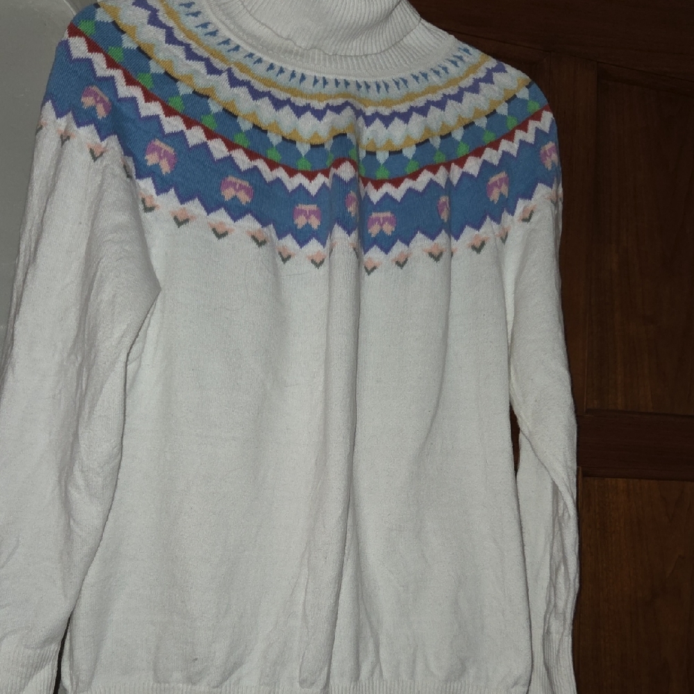 L.L. Bean White Turtleneck Sweater with Blue and Pink Pattern